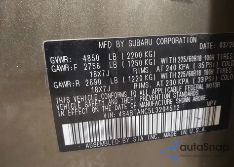 2020 Subaru Outback Limited из США, поврежденный, VIN 4S4BTANC5L3204512